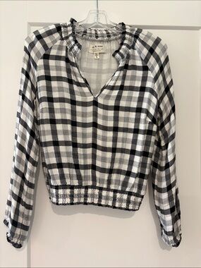 cloth & stone Black and White Plaid Smocked-Hem Crop Top
